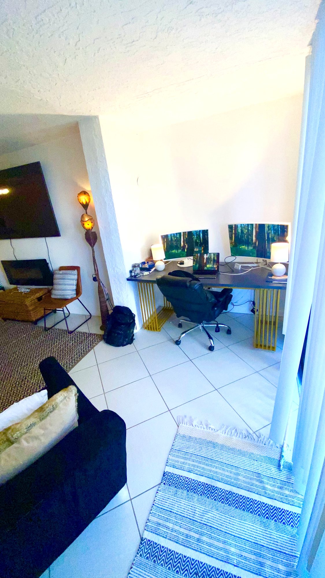 Dedicated dual-monitor desk workstation inside the residence